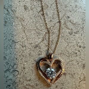 Gold Heart Pendant Necklace with Clear Center Stone